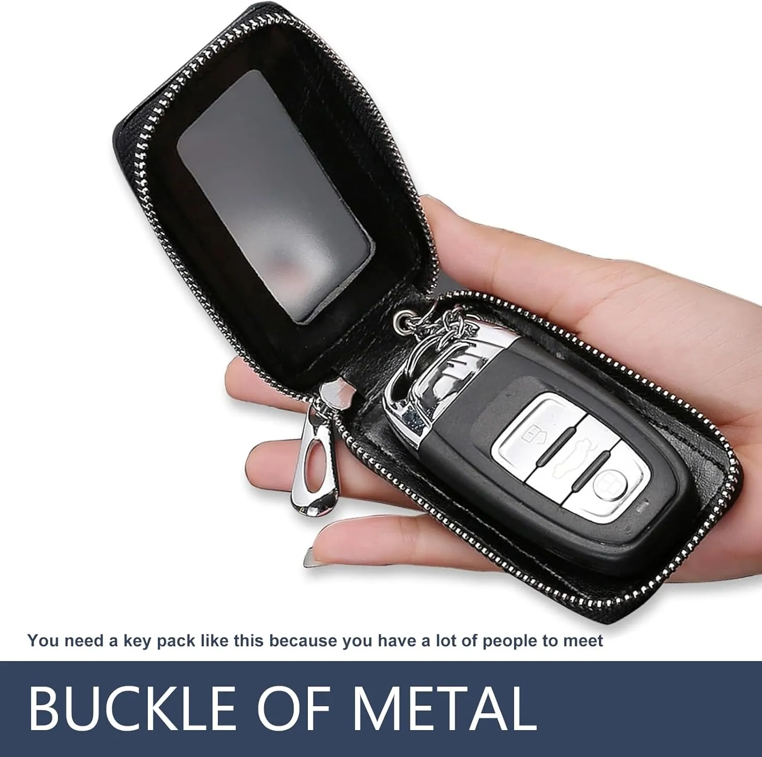 1 PC Car Key Chain Bag, Metal Hanging Buckle Key Bag, Car Remote Control Bag, Universal for Most Cars (Black)