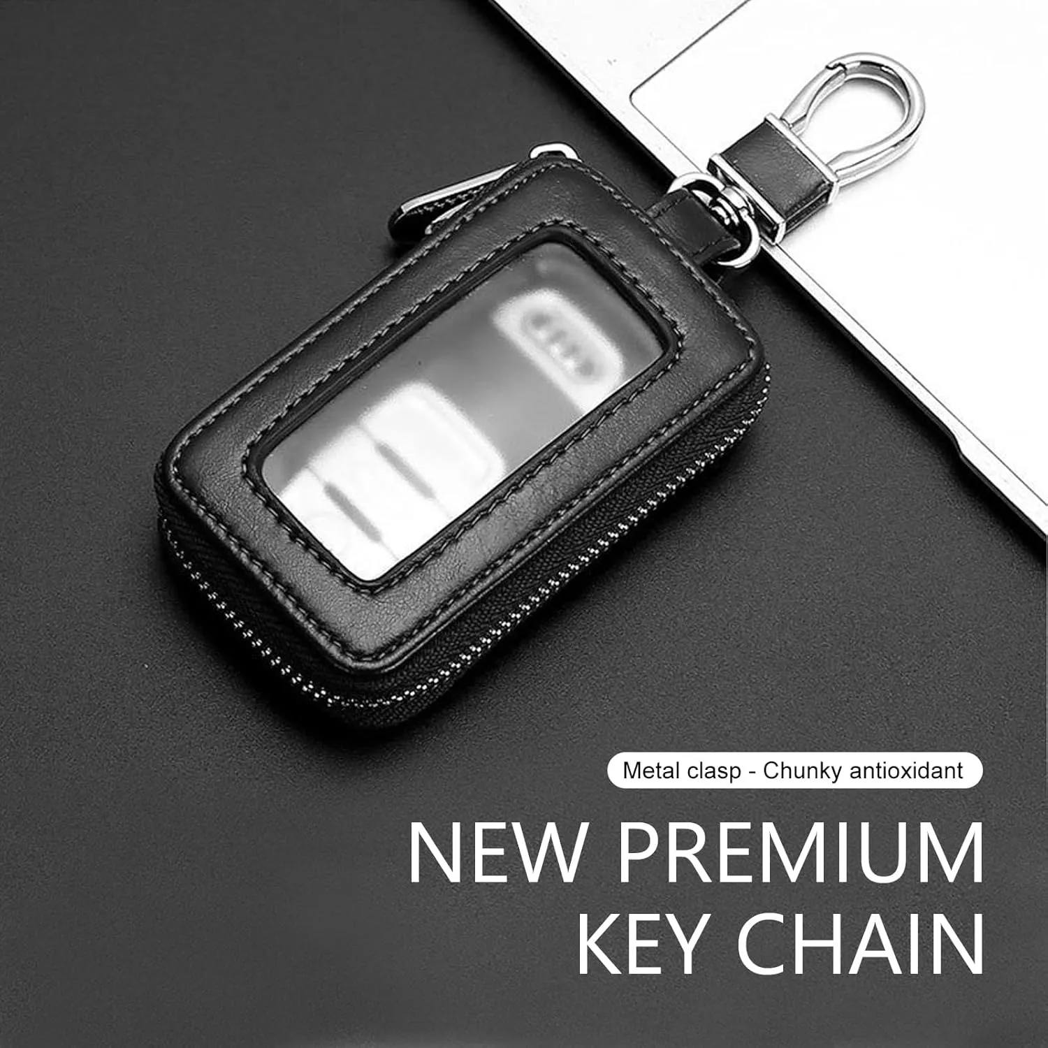 1 PC Car Key Chain Bag, Metal Hanging Buckle Key Bag, Car Remote Control Bag, Universal for Most Cars (Black)