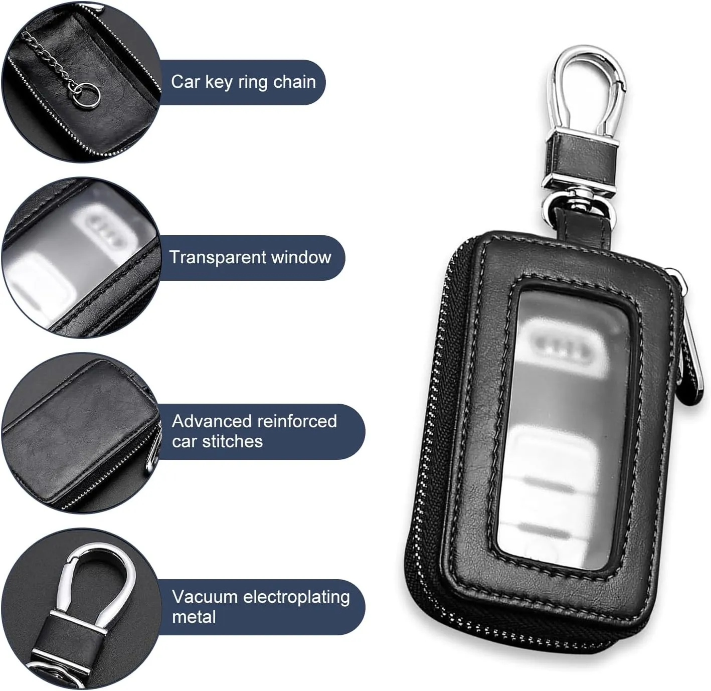 1 PC Car Key Chain Bag, Metal Hanging Buckle Key Bag, Car Remote Control Bag, Universal for Most Cars (Black)