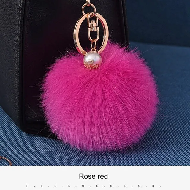 16 Color Fluffy Artificial Rabbit Fur Pompom Keychain Women Bag Pearl Bead Key Chain Pendant Ornaments
