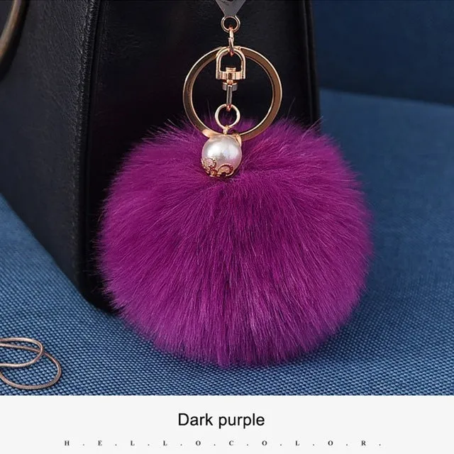 16 Color Fluffy Artificial Rabbit Fur Pompom Keychain Women Bag Pearl Bead Key Chain Pendant Ornaments