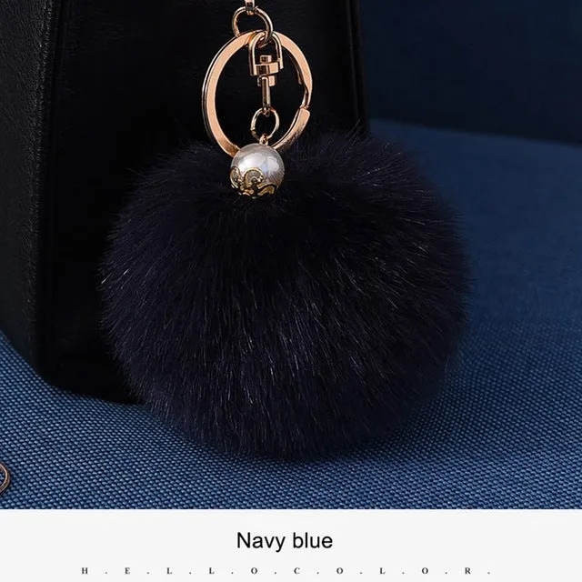 16 Color Fluffy Artificial Rabbit Fur Pompom Keychain Women Bag Pearl Bead Key Chain Pendant Ornaments