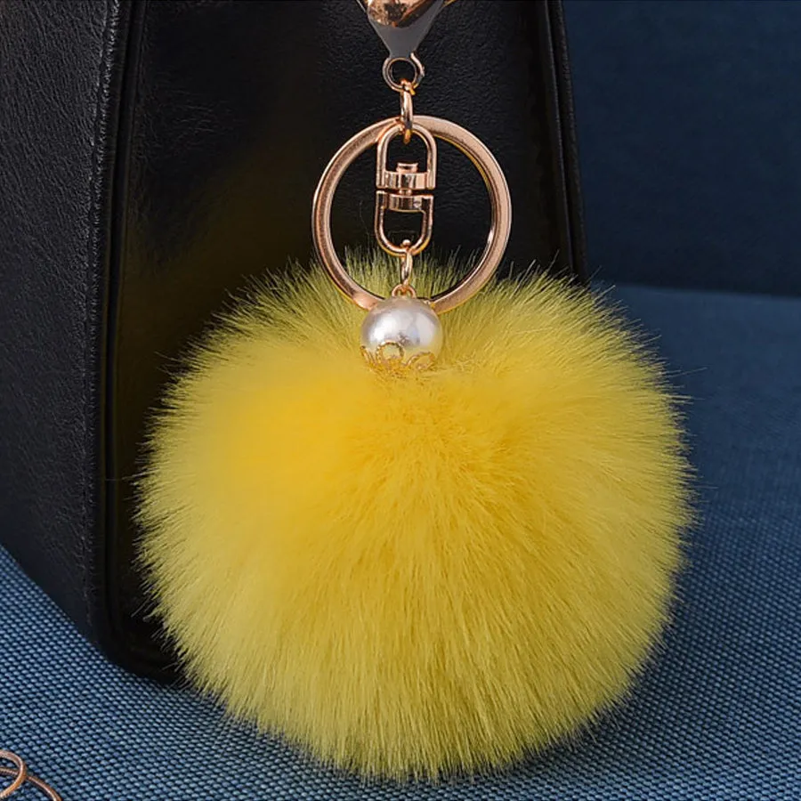 16 Color Fluffy Artificial Rabbit Fur Pompom Keychain Women Bag Pearl Bead Key Chain Pendant Ornaments