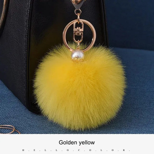 16 Color Fluffy Artificial Rabbit Fur Pompom Keychain Women Bag Pearl Bead Key Chain Pendant Ornaments