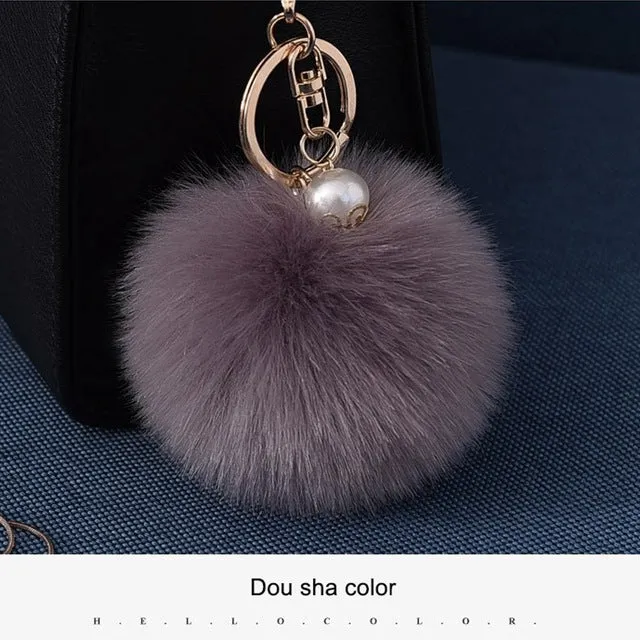 16 Color Fluffy Artificial Rabbit Fur Pompom Keychain Women Bag Pearl Bead Key Chain Pendant Ornaments