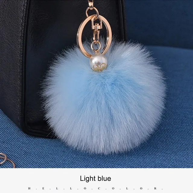 16 Color Fluffy Artificial Rabbit Fur Pompom Keychain Women Bag Pearl Bead Key Chain Pendant Ornaments