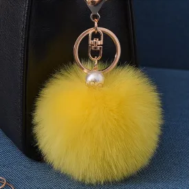 16 Color Fluffy Artificial Rabbit Fur Pompom Keychain Women Bag Pearl Bead Key Chain Pendant Ornaments