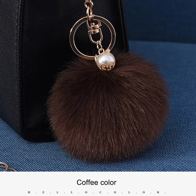 16 Color Fluffy Artificial Rabbit Fur Pompom Keychain Women Bag Pearl Bead Key Chain Pendant Ornaments