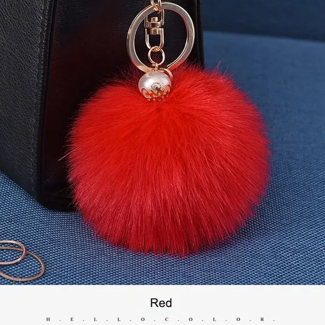 16 Color Fluffy Artificial Rabbit Fur Pompom Keychain Women Bag Pearl Bead Key Chain Pendant Ornaments