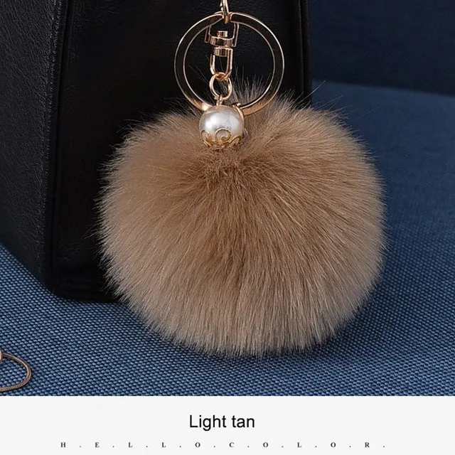 16 Color Fluffy Artificial Rabbit Fur Pompom Keychain Women Bag Pearl Bead Key Chain Pendant Ornaments