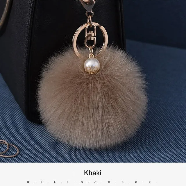 16 Color Fluffy Artificial Rabbit Fur Pompom Keychain Women Bag Pearl Bead Key Chain Pendant Ornaments