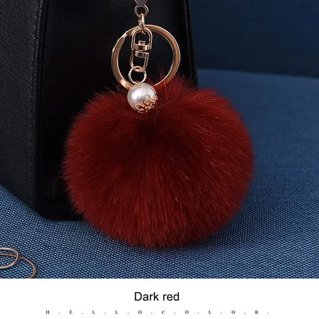 16 Color Fluffy Artificial Rabbit Fur Pompom Keychain Women Bag Pearl Bead Key Chain Pendant Ornaments