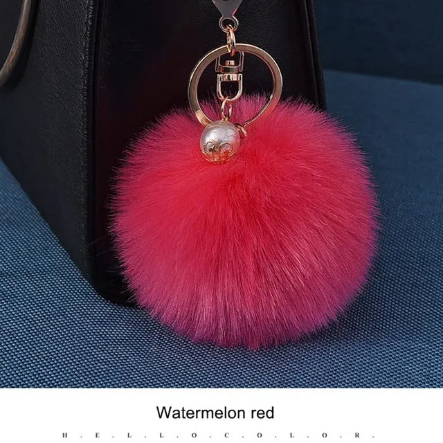 16 Color Fluffy Artificial Rabbit Fur Pompom Keychain Women Bag Pearl Bead Key Chain Pendant Ornaments