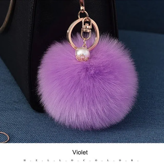 16 Color Fluffy Artificial Rabbit Fur Pompom Keychain Women Bag Pearl Bead Key Chain Pendant Ornaments