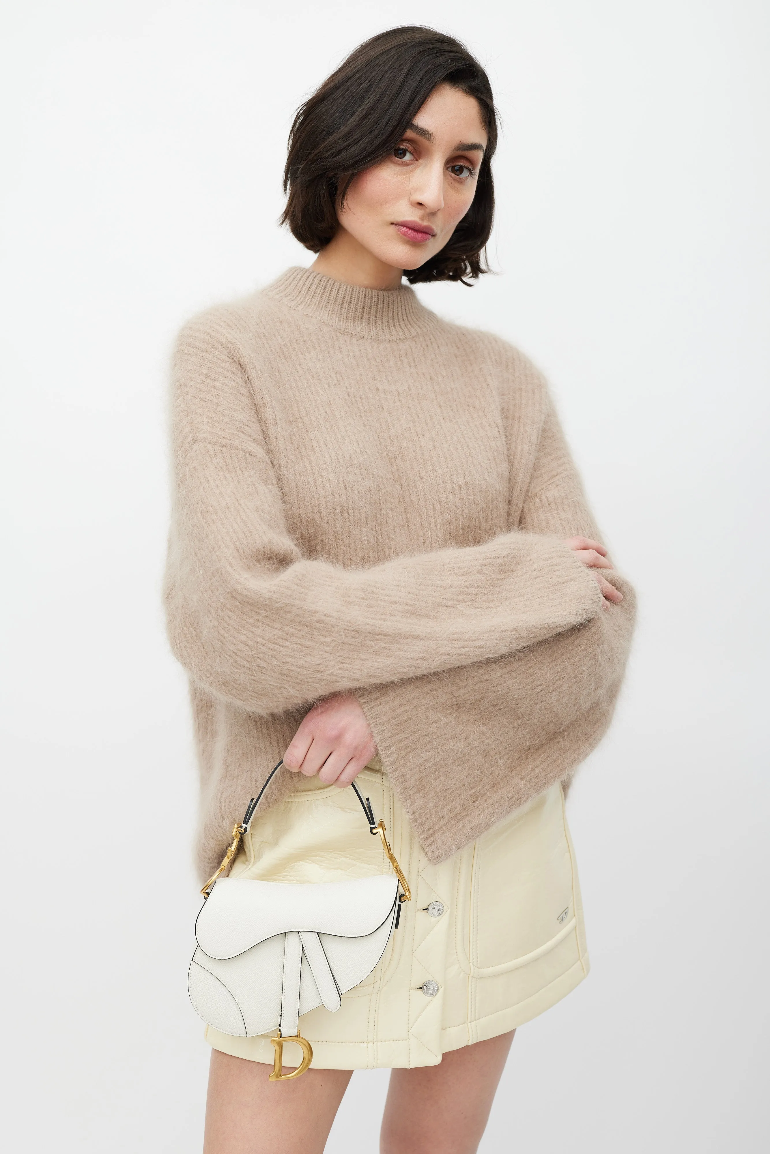 2020 White & Gold Leather Mini Saddle Bag