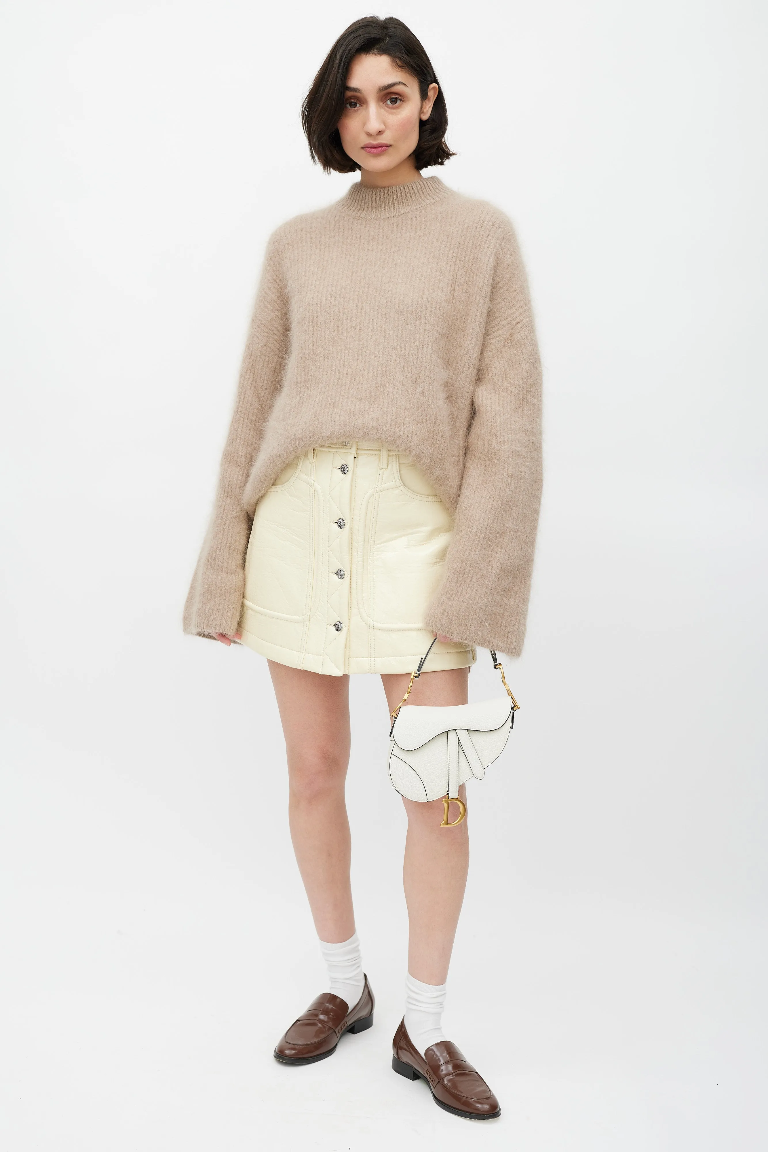 2020 White & Gold Leather Mini Saddle Bag