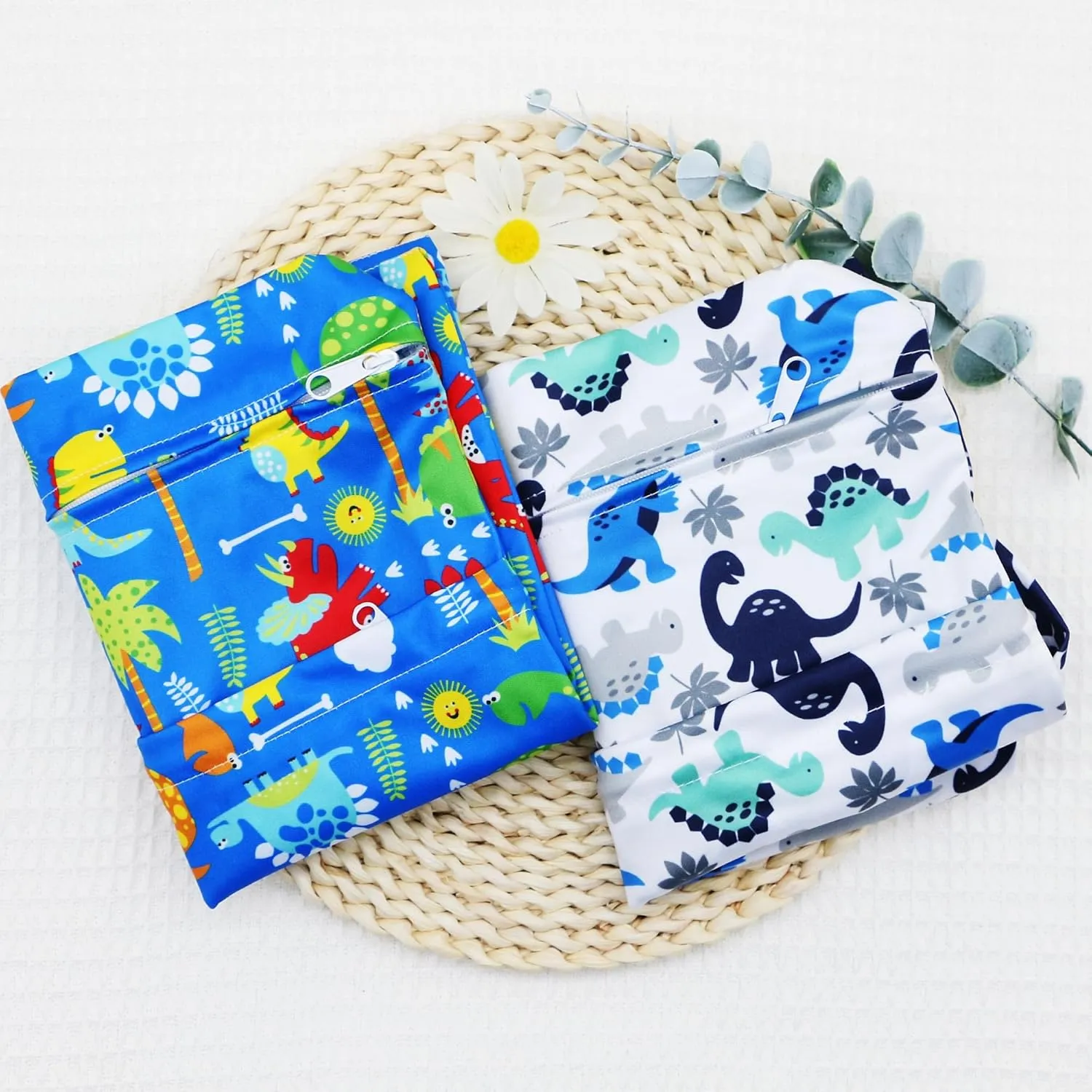 2pcs Cloth Diaper Wet Dry Bags Waterproof Reusable with Two Zippered Pockets Travel Beach Pool Daycare Soiled Baby Items Yoga Gym Bag for Swimsuits or Wet Clothes (DINOSAUR)