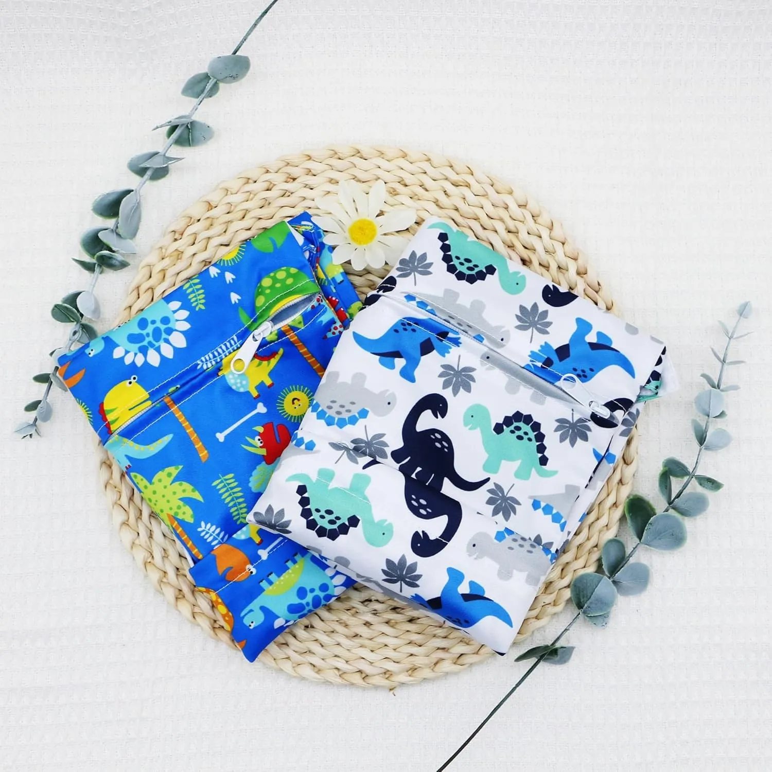2pcs Cloth Diaper Wet Dry Bags Waterproof Reusable with Two Zippered Pockets Travel Beach Pool Daycare Soiled Baby Items Yoga Gym Bag for Swimsuits or Wet Clothes (DINOSAUR)
