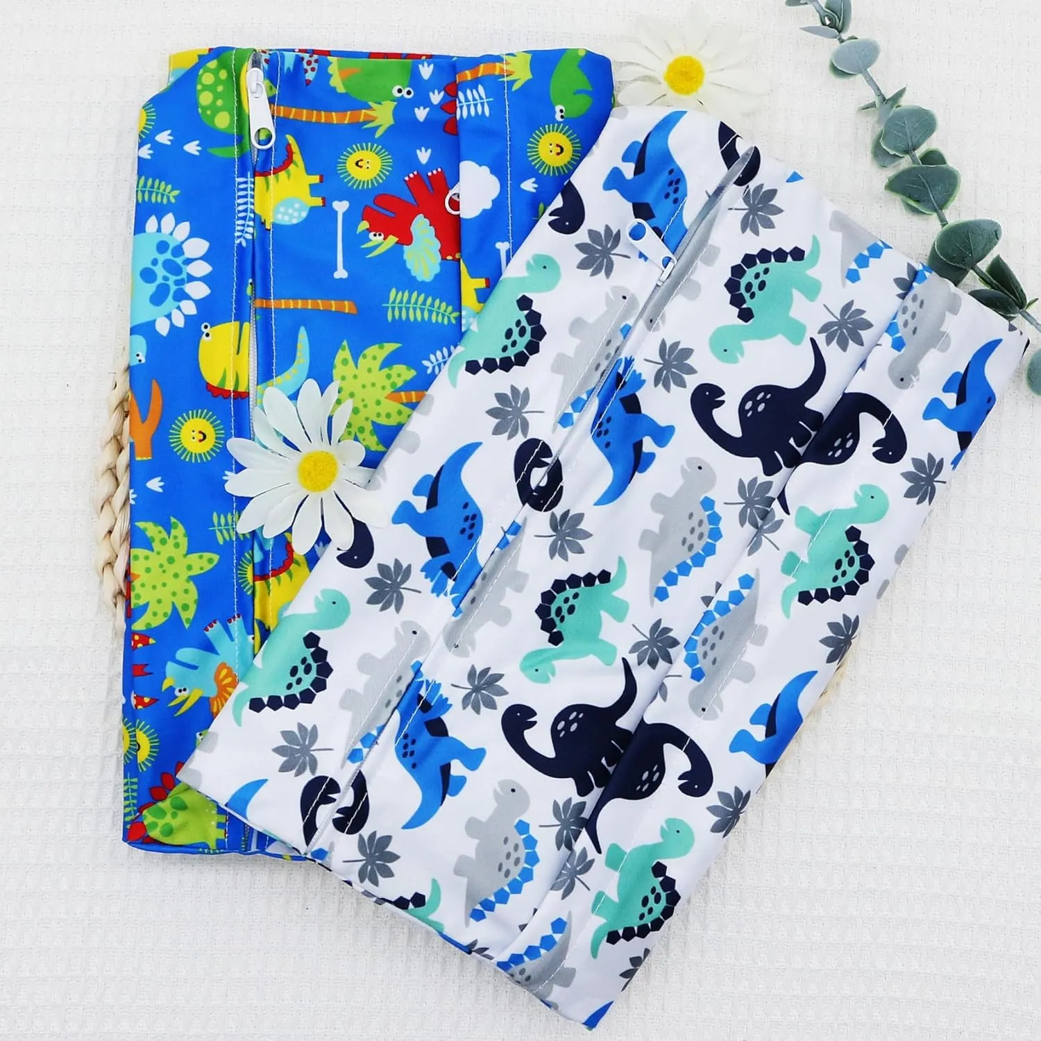 2pcs Cloth Diaper Wet Dry Bags Waterproof Reusable with Two Zippered Pockets Travel Beach Pool Daycare Soiled Baby Items Yoga Gym Bag for Swimsuits or Wet Clothes (DINOSAUR)