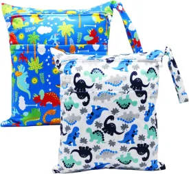 2pcs Cloth Diaper Wet Dry Bags Waterproof Reusable with Two Zippered Pockets Travel Beach Pool Daycare Soiled Baby Items Yoga Gym Bag for Swimsuits or Wet Clothes (DINOSAUR)