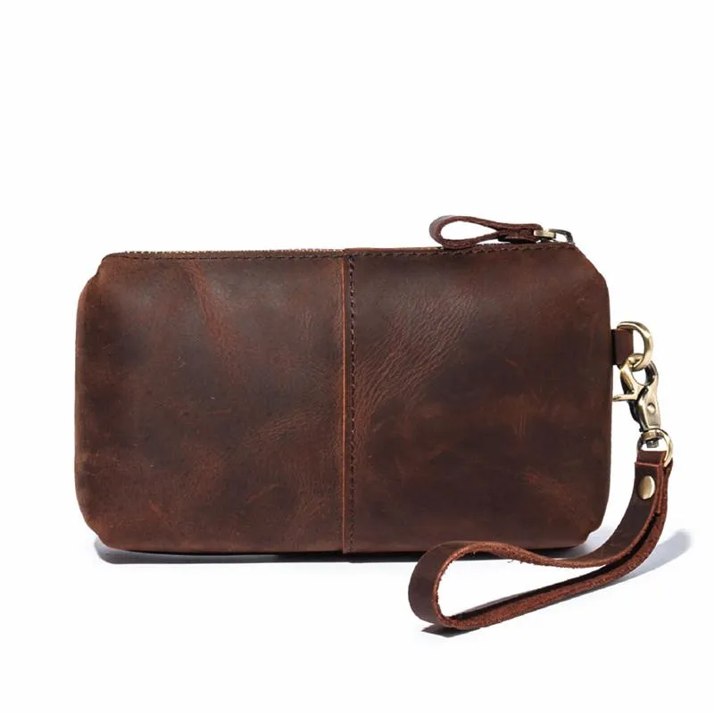 Brown MENS LEATHER ZIPPER CLUTCH WRISTLET PURSE BAG CLUTCH Wallet FOR MEN