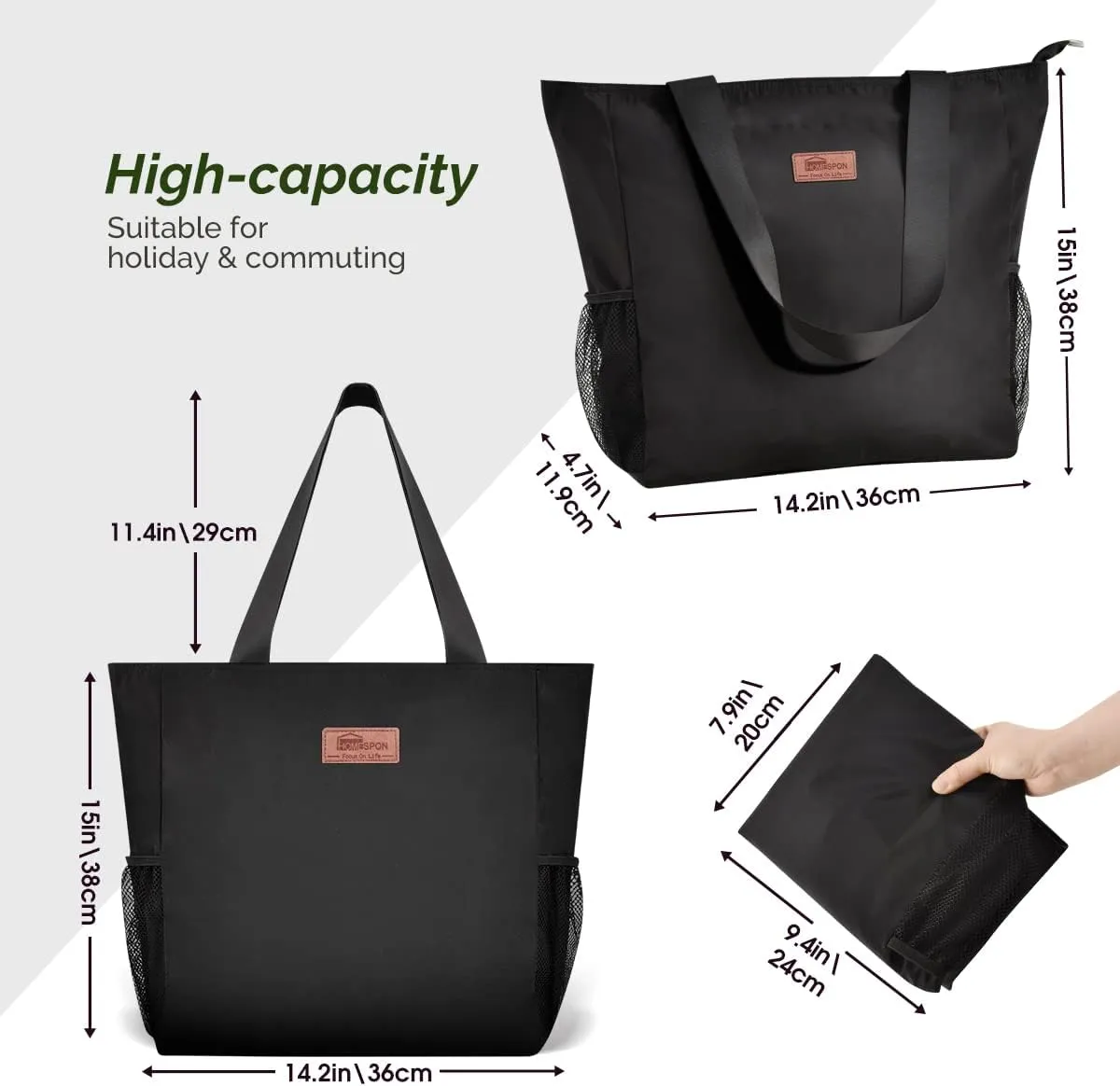 Buringer Large Waterproof Beach Bag for Women Sandproof Tote Bag with Zipper and Pockets Pool Bag for Travel Gym Vacation
