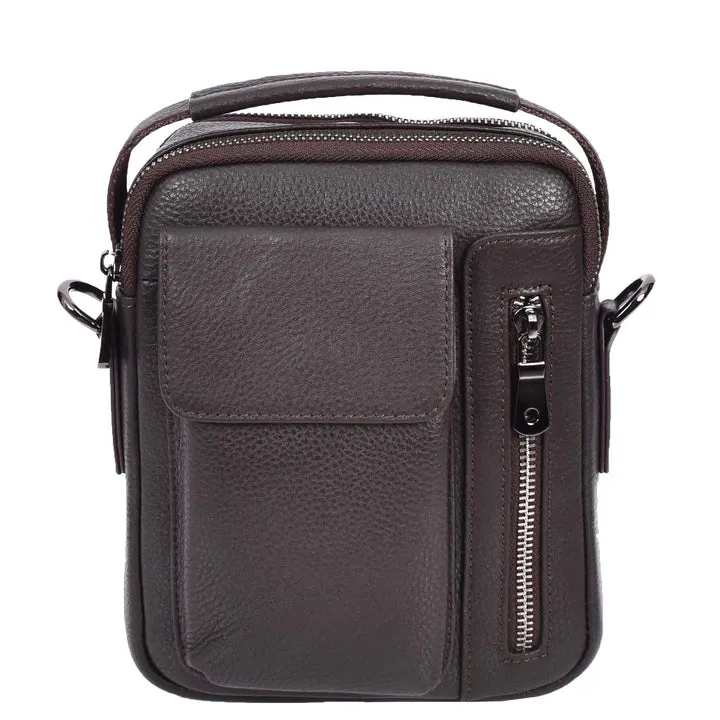 Crosso Men's Leather Cross-Body Organiser Flight Bag Brown