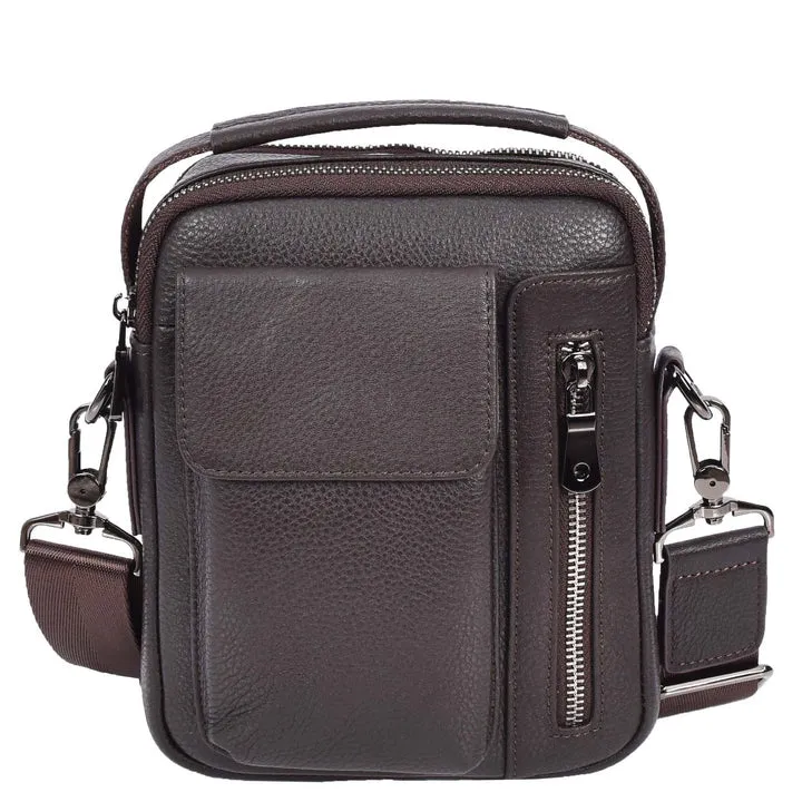 Crosso Men's Leather Cross-Body Organiser Flight Bag Brown