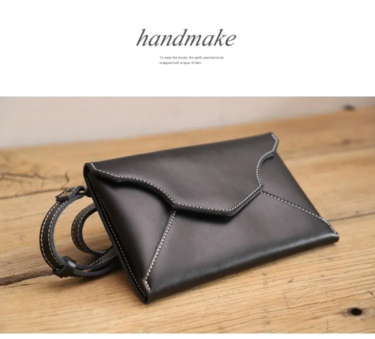 Cute Black LEATHER Envelope WOMEN SHOULDER BAG Handmade Slim Envelope Crossbody Purse FOR WOMEN
