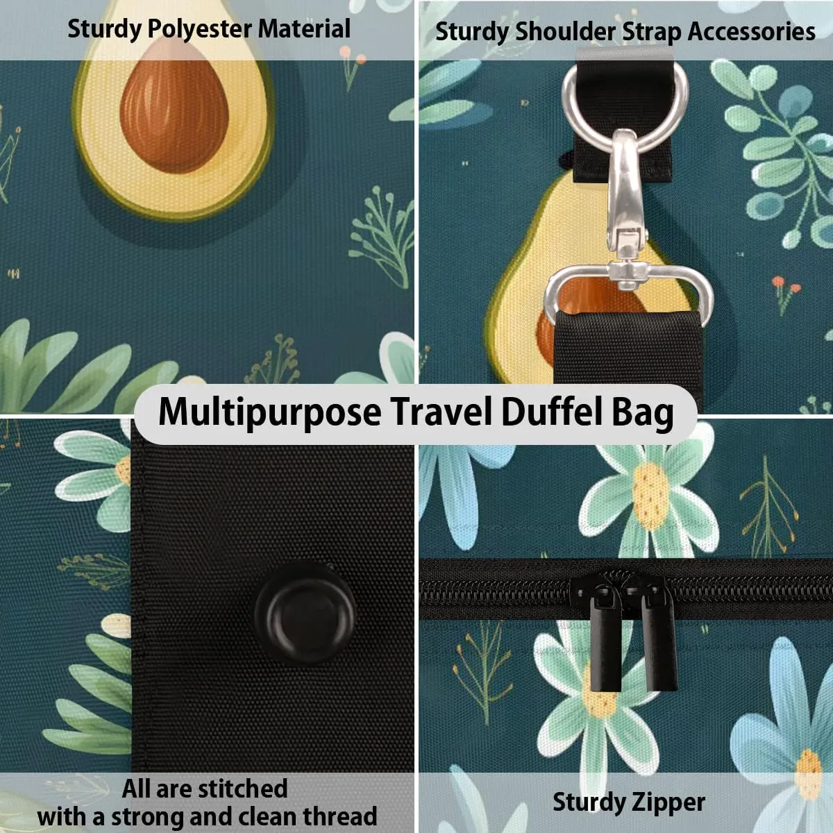 Foldable Travel Bag Avocado Flower Leaves Lightweight Carry On Bags for Airplanes Waterproof Travel Duffle Bag For Gym Weekend Overnight