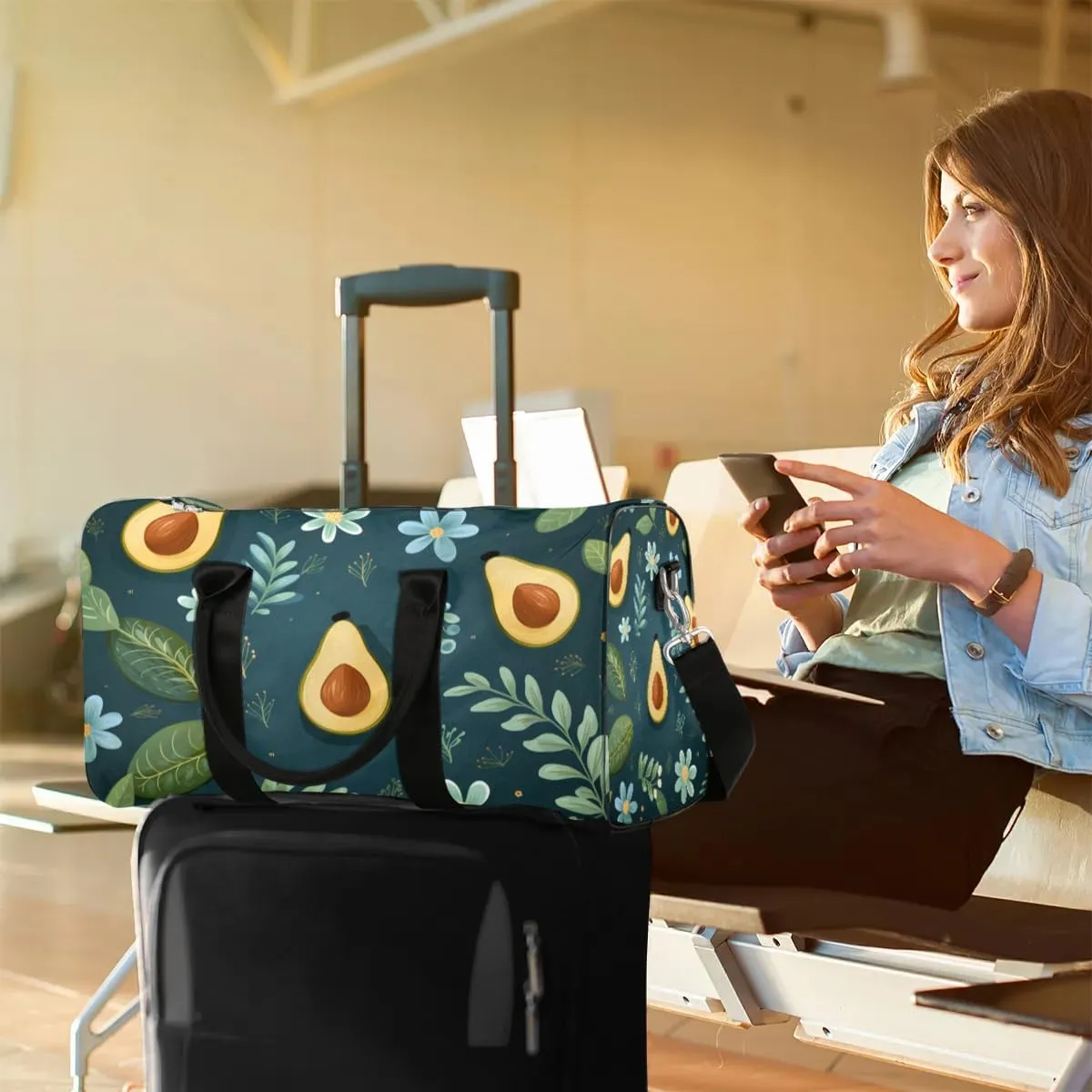 Foldable Travel Bag Avocado Flower Leaves Lightweight Carry On Bags for Airplanes Waterproof Travel Duffle Bag For Gym Weekend Overnight