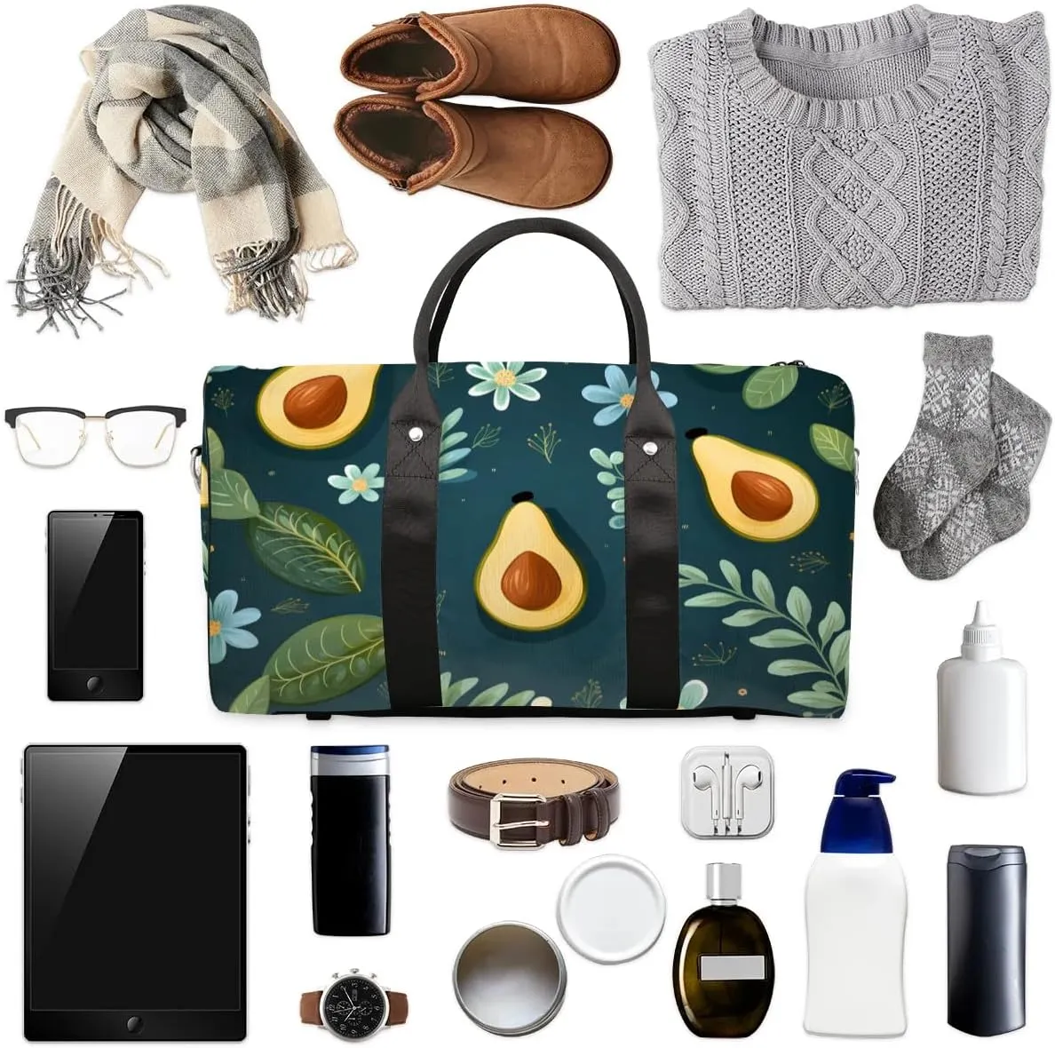 Foldable Travel Bag Avocado Flower Leaves Lightweight Carry On Bags for Airplanes Waterproof Travel Duffle Bag For Gym Weekend Overnight