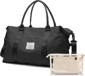 Gym Bag Weekender Bags for Women, Sports Travel Duffel Bag with Wet Pocket and Separate Toiletry Bag, Carry on Overnight Bag Travel Tote Bag Hospital Bag (Black)