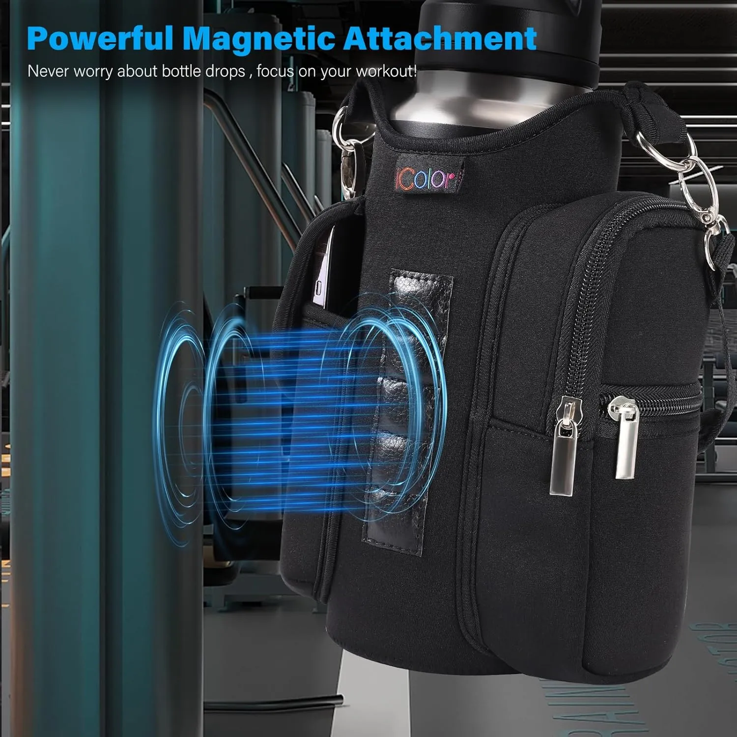 icolor Magnetic Gym Bag Water Bottle Carrier Holder with Phone Pockets & Shoulder Strap,5 Built-in Magnets Gym Bottle Pouch Sleeve,Magnetic Bag Gym Accessories Organizer for Men Women