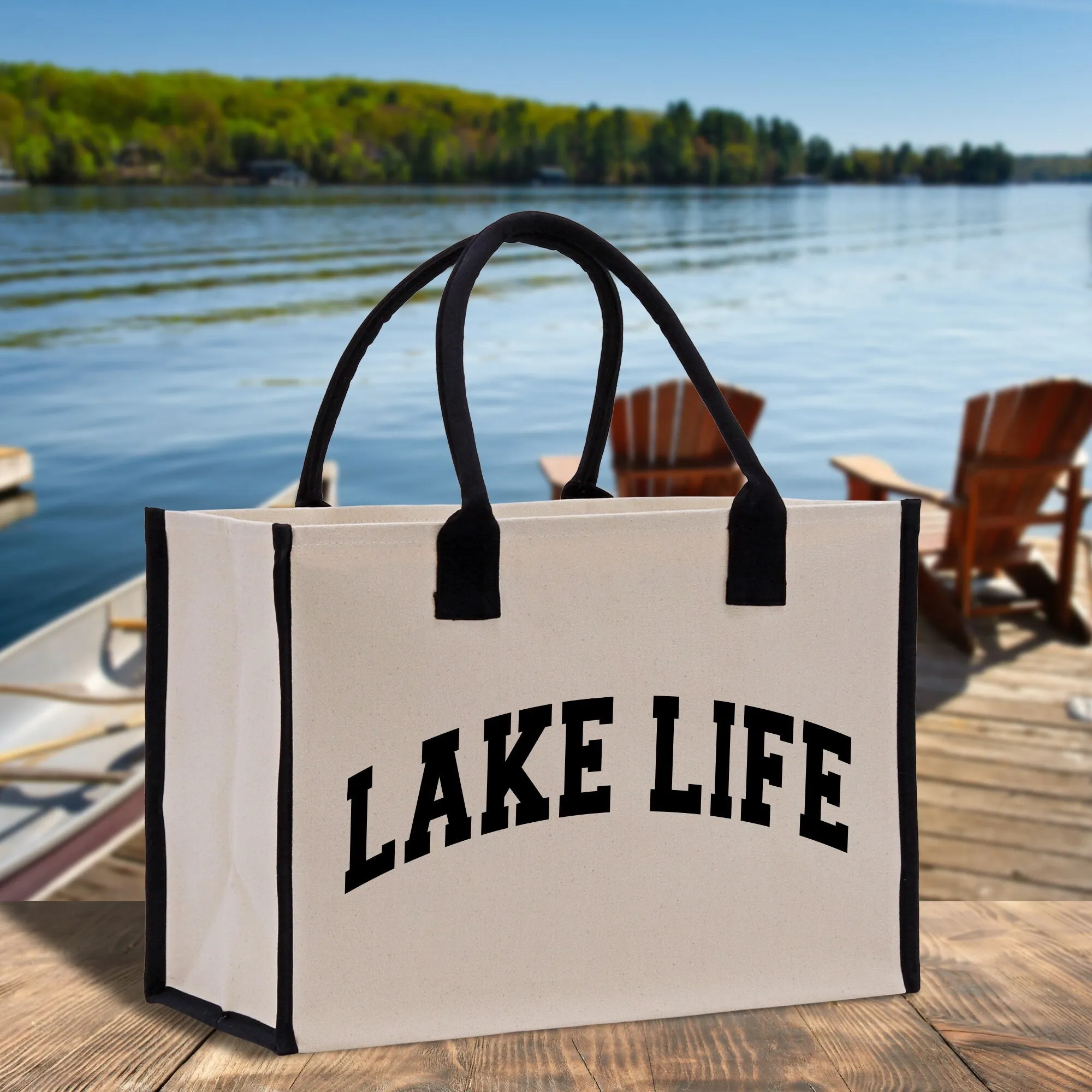 Lake Life Cotton Canvas Chic Beach Tote Bag Multipurpose Tote Weekender Tote Gift for Her Outdoor Tote Vacation Tote Beach Bag Boat Bag