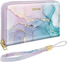Large Capacity Wallets for Women RFID Blocking Leather Zip Around Phone Purse Ladies Travel Credit Card Clutch with Wristlet, Gradient Marble