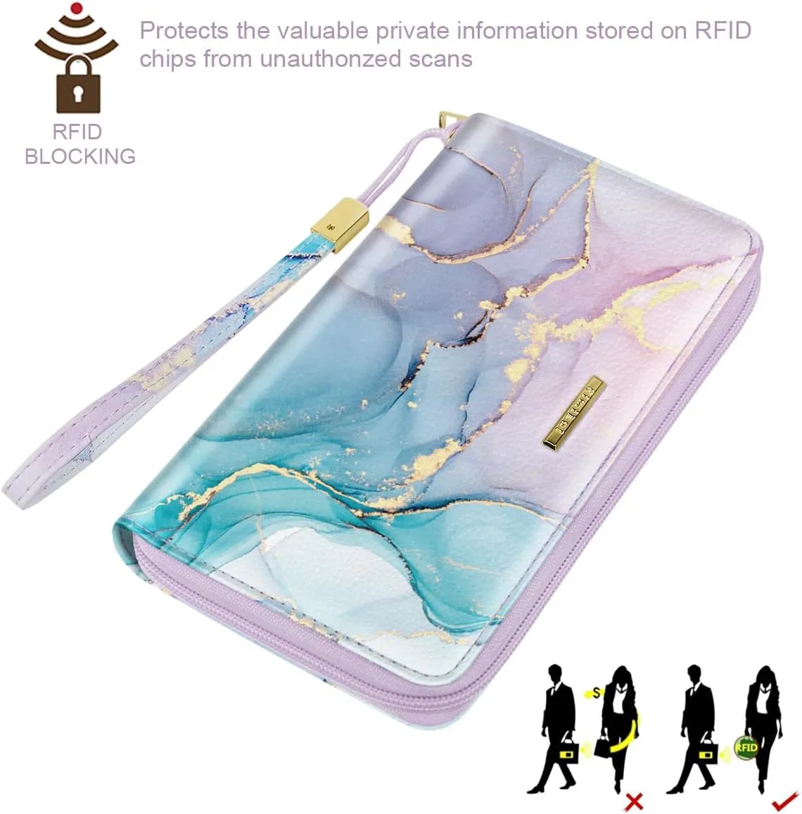 Large Capacity Wallets for Women RFID Blocking Leather Zip Around Phone Purse Ladies Travel Credit Card Clutch with Wristlet, Gradient Marble