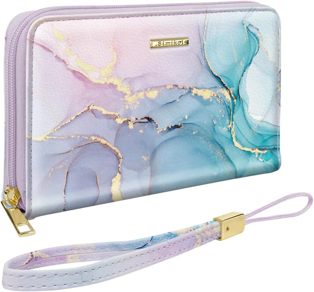 Large Capacity Wallets for Women RFID Blocking Leather Zip Around Phone Purse Ladies Travel Credit Card Clutch with Wristlet, Gradient Marble