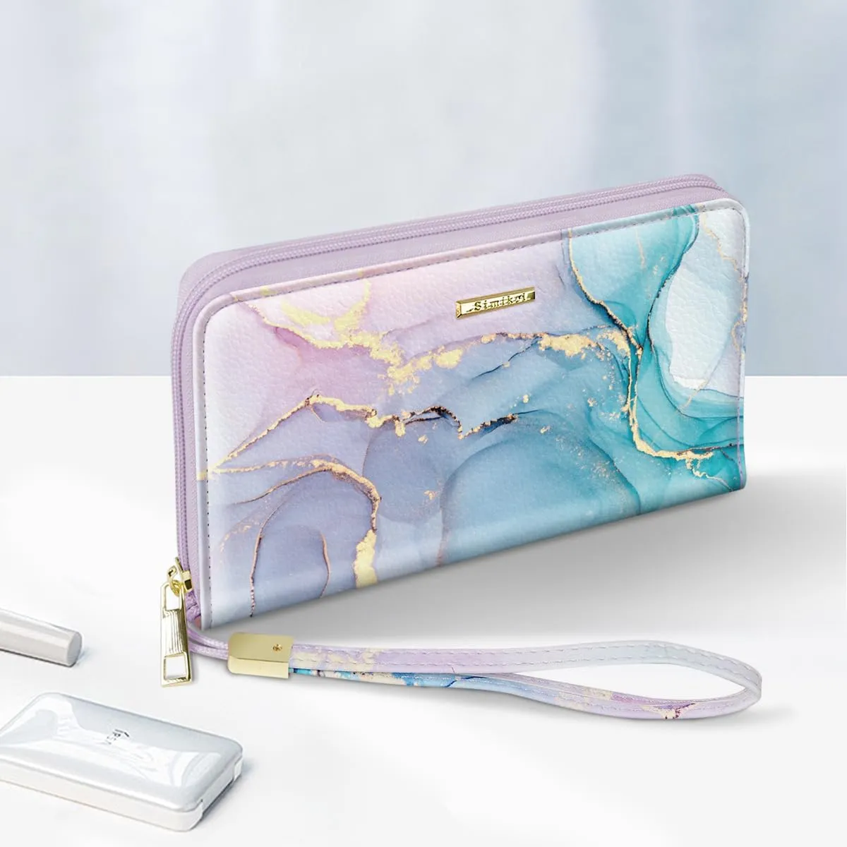 Large Capacity Wallets for Women RFID Blocking Leather Zip Around Phone Purse Ladies Travel Credit Card Clutch with Wristlet, Gradient Marble