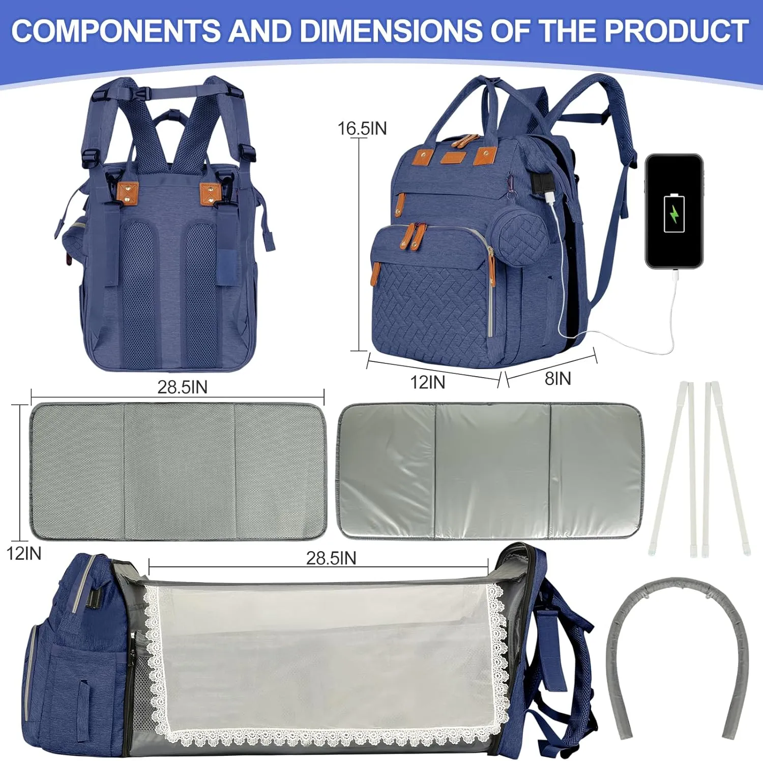 large diaper bag backpackbaby bag with changing station for Boys GirlsMultifunctional Diaper BagMommy Bag With USB Charging PortBlue