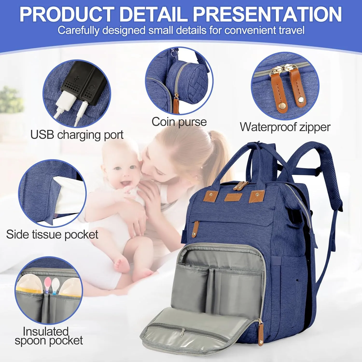 large diaper bag backpackbaby bag with changing station for Boys GirlsMultifunctional Diaper BagMommy Bag With USB Charging PortBlue