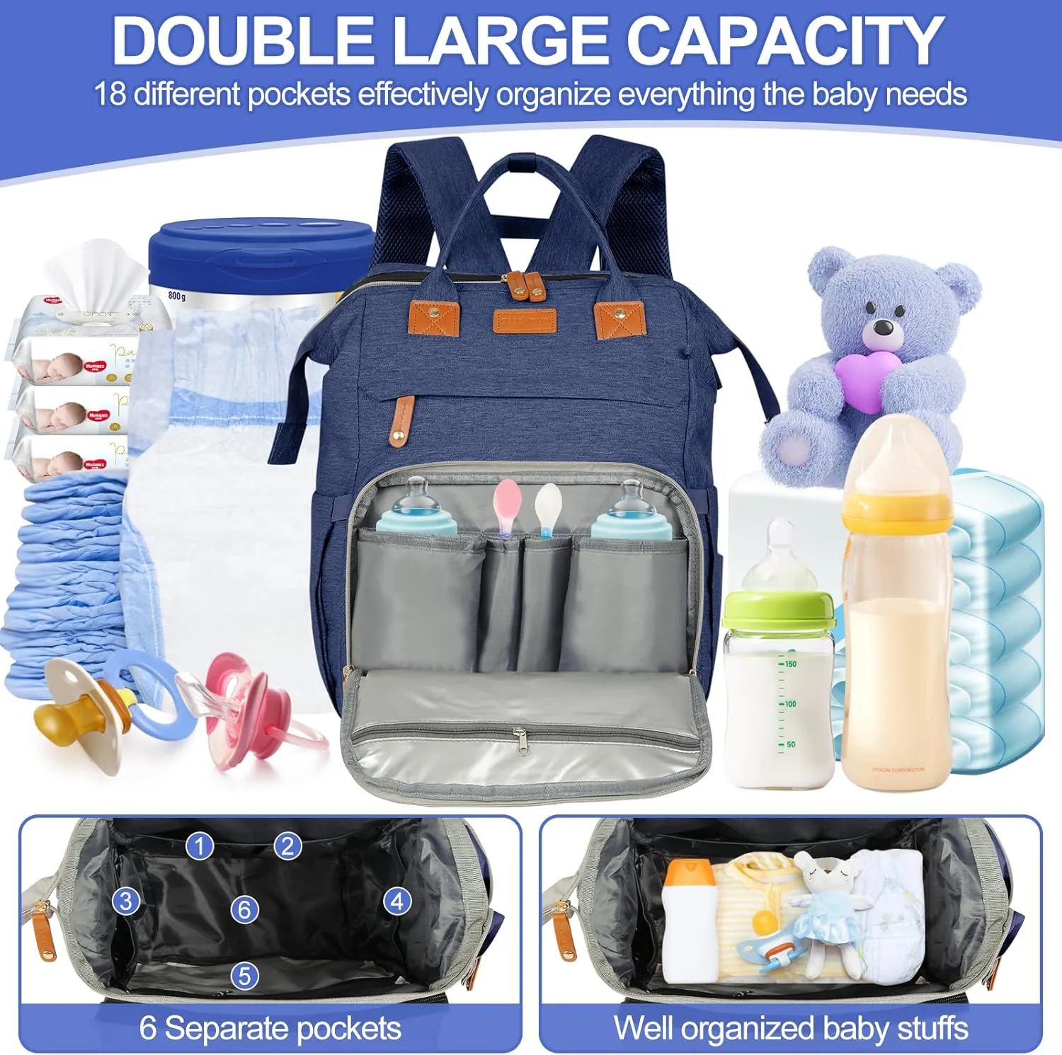 large diaper bag backpackbaby bag with changing station for Boys GirlsMultifunctional Diaper BagMommy Bag With USB Charging PortBlue