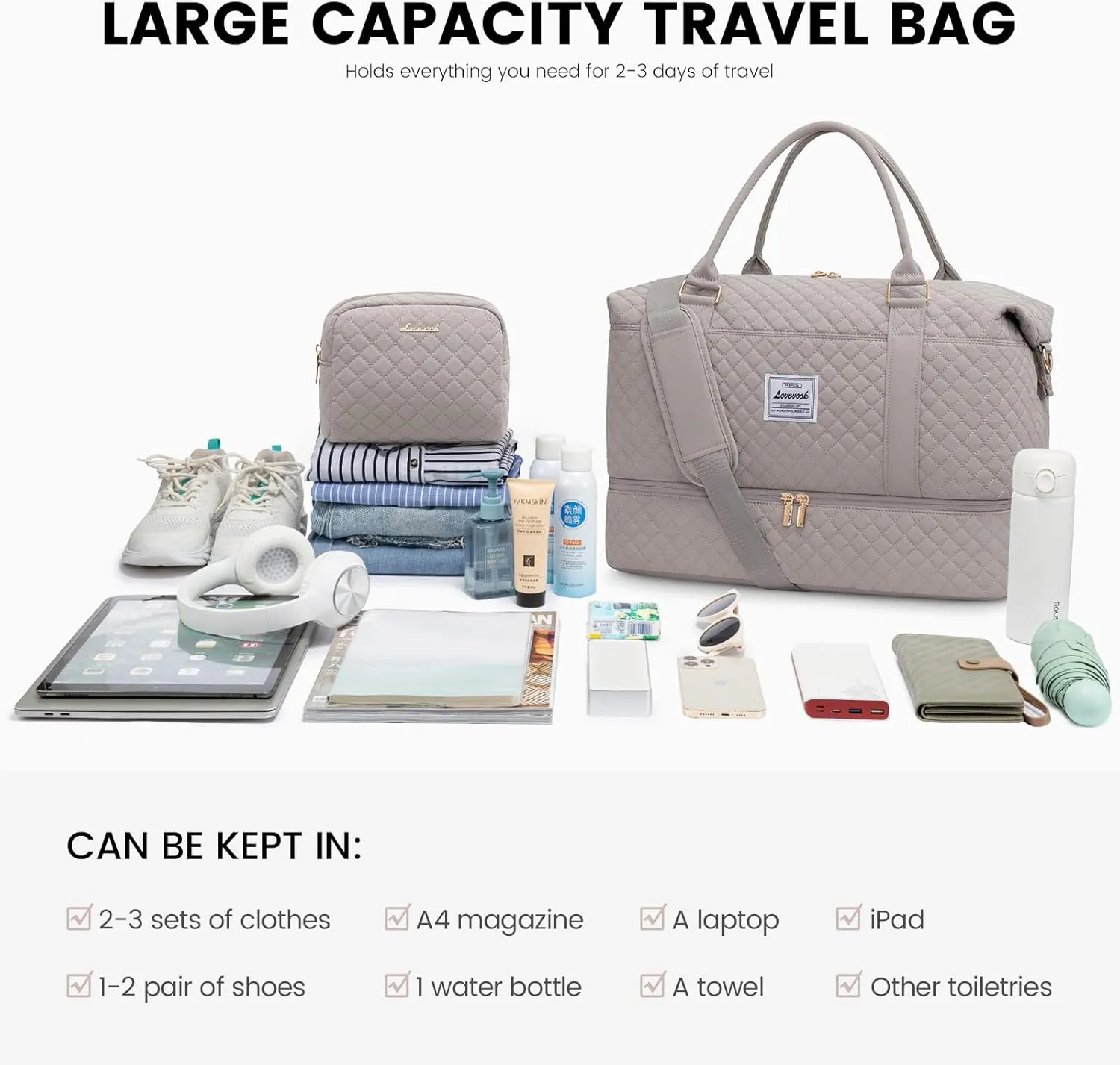 LOVEVOOK Travel Duffle Bag,Weekender Bags for Women with Shoe CompartmentCarry on Overnight Bag with Toiletry Bag,Gym Duffel Bag with Wet Pocket, Hospital Bags for Labor and Delivery