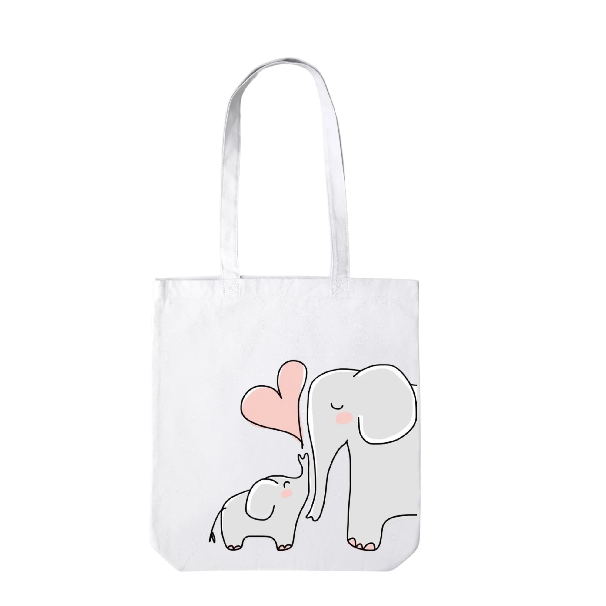 Off-White Canvas Tote Bag: Baby and Mom Elephant Print