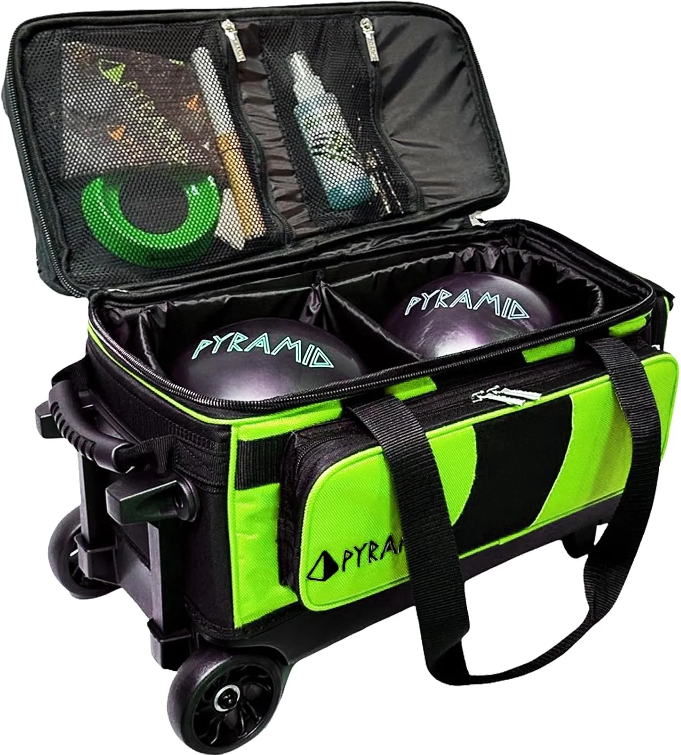 Pyramid Deluxe Double Roller 2 Ball Bowling Bag with Large Separate Shoe Compartment (Up To 2 Pairs Of Shoes) and Accessory Pockets, Sturdy Square Handle - Extends to 40" - Pro Options Available