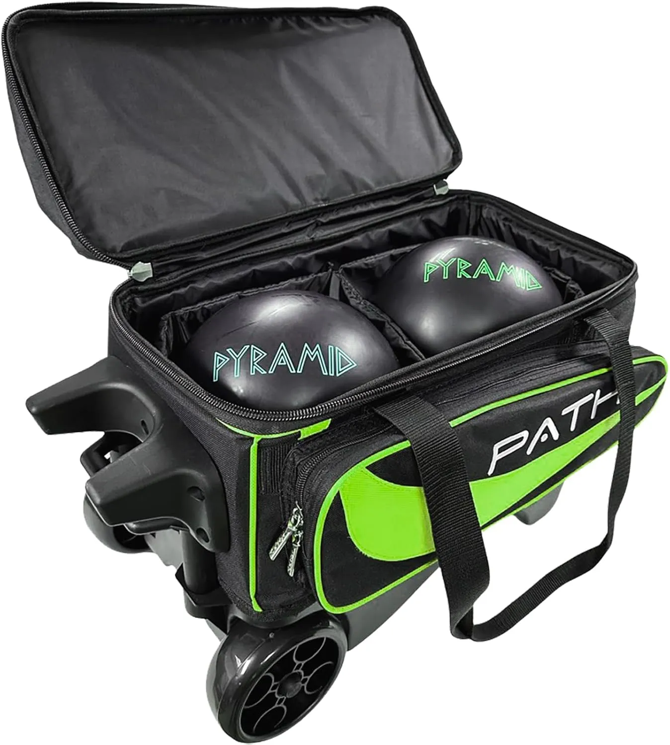 Pyramid Path Premium Deluxe 2 Ball Double Roller Bowling Bag With Large Separate Shoe Compartment (Up To US Mens Size 15) and Oversized Accessory Pocket, Retractable Locking Handle - Extends to 37"