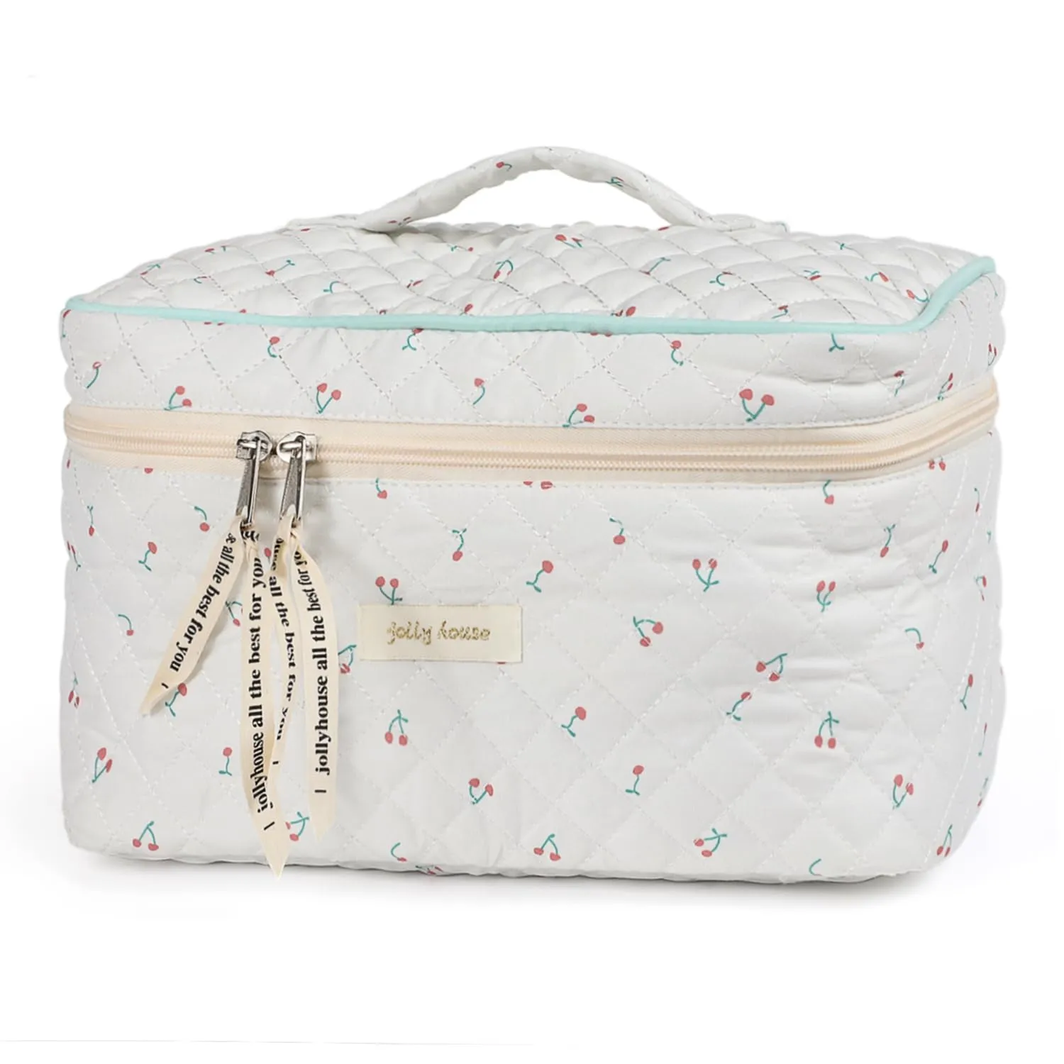 Sightor Cotton Makeup Bag, Quilted Cosmetic Bag with Handle Large Capacity Travel Toiletry Bag for Women Cute Aesthetic Floral Makeup Bag (White)