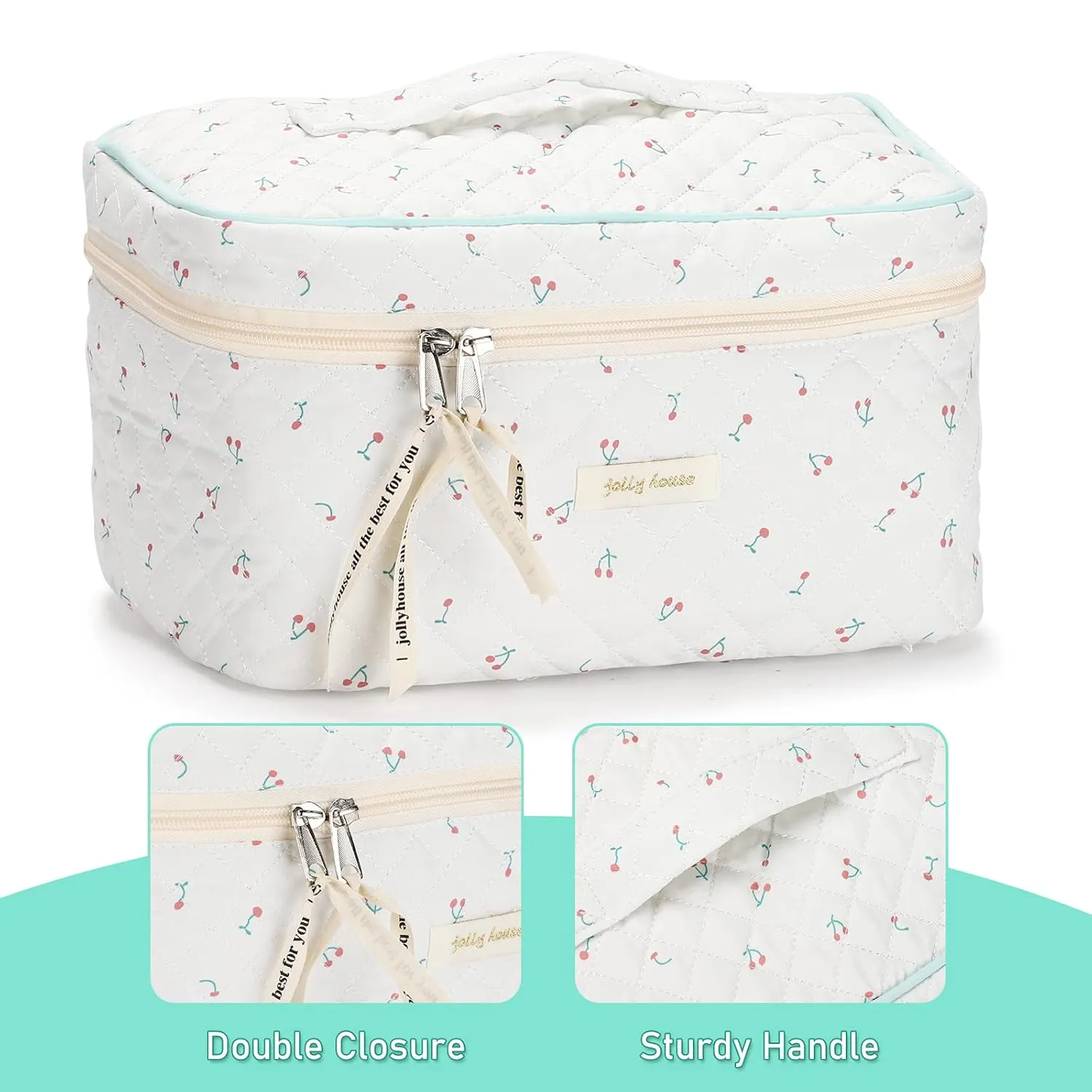 Sightor Cotton Makeup Bag, Quilted Cosmetic Bag with Handle Large Capacity Travel Toiletry Bag for Women Cute Aesthetic Floral Makeup Bag (White)