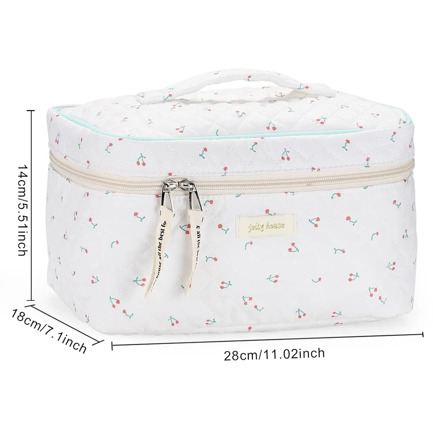 Sightor Cotton Makeup Bag, Quilted Cosmetic Bag with Handle Large Capacity Travel Toiletry Bag for Women Cute Aesthetic Floral Makeup Bag (White)