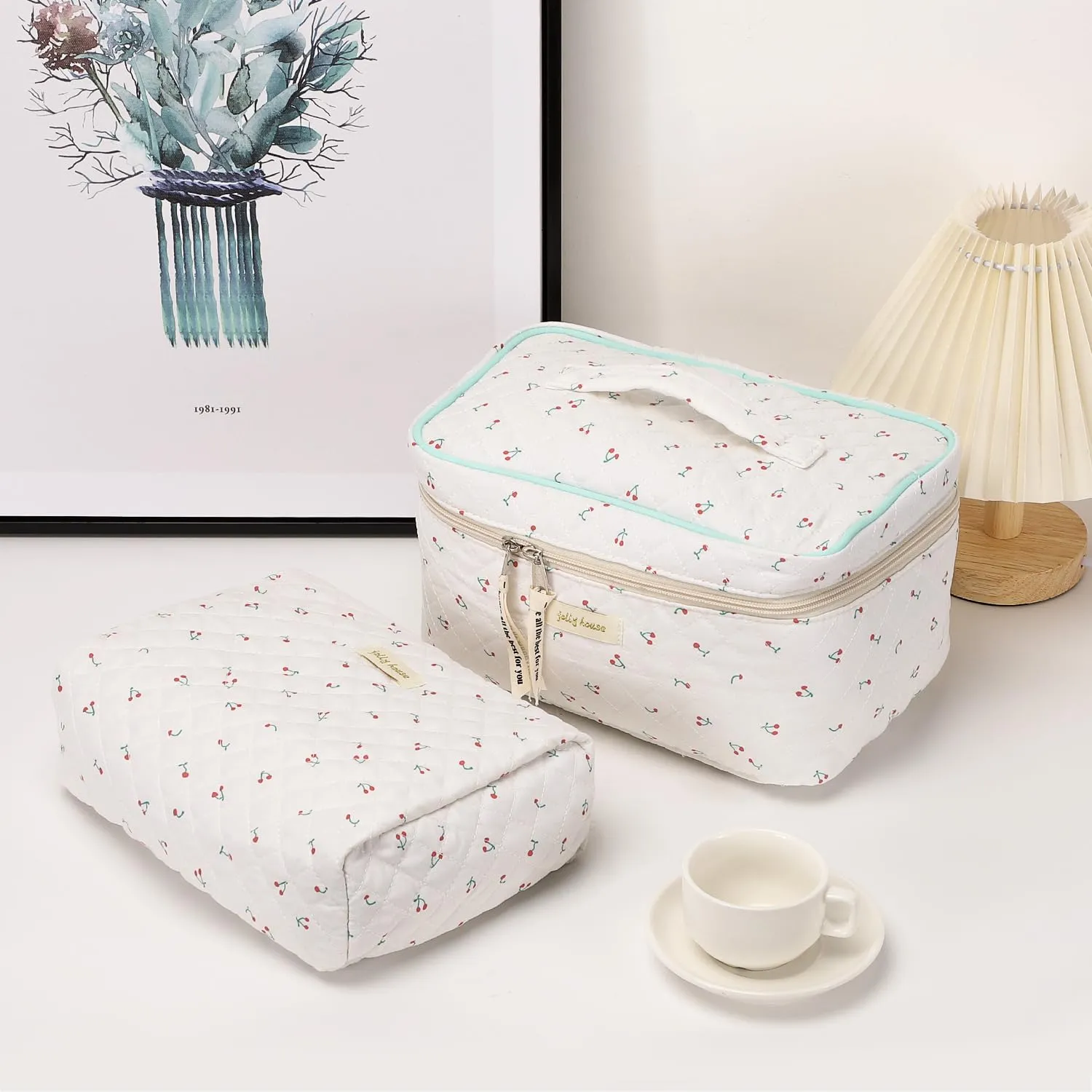 Sightor Cotton Makeup Bag, Quilted Cosmetic Bag with Handle Large Capacity Travel Toiletry Bag for Women Cute Aesthetic Floral Makeup Bag (White)